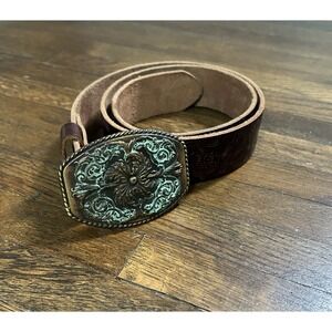 Women's Brown Genuine Leather Belt With A Western Style Buckle Size 30 Cowgirl
